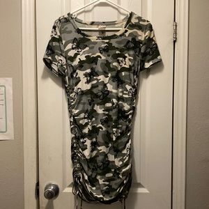 Black and gray and white and green Camo dress with black butterflies